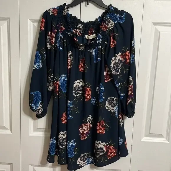 Rokoko by Dazz Navy Floral Smocked Off Shoulder Long Sleeve Mini Dress M - Picture 1 of 6